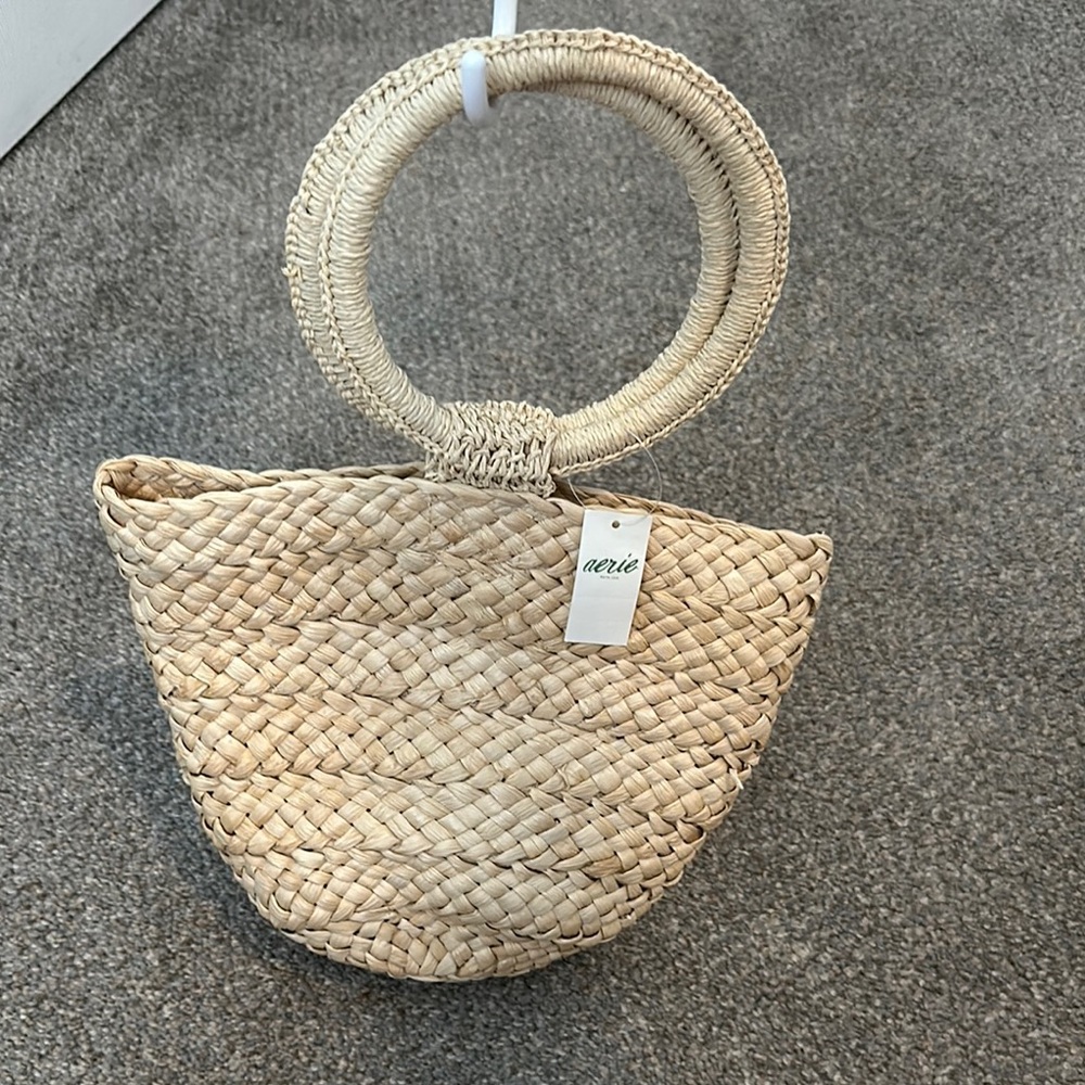 Aerie Tan Woven Tote Bag with Round Handle